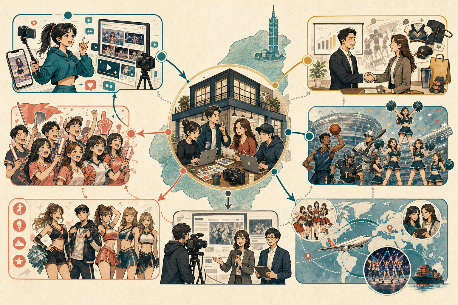 Creator-led cheerleading business ecosystem illustration