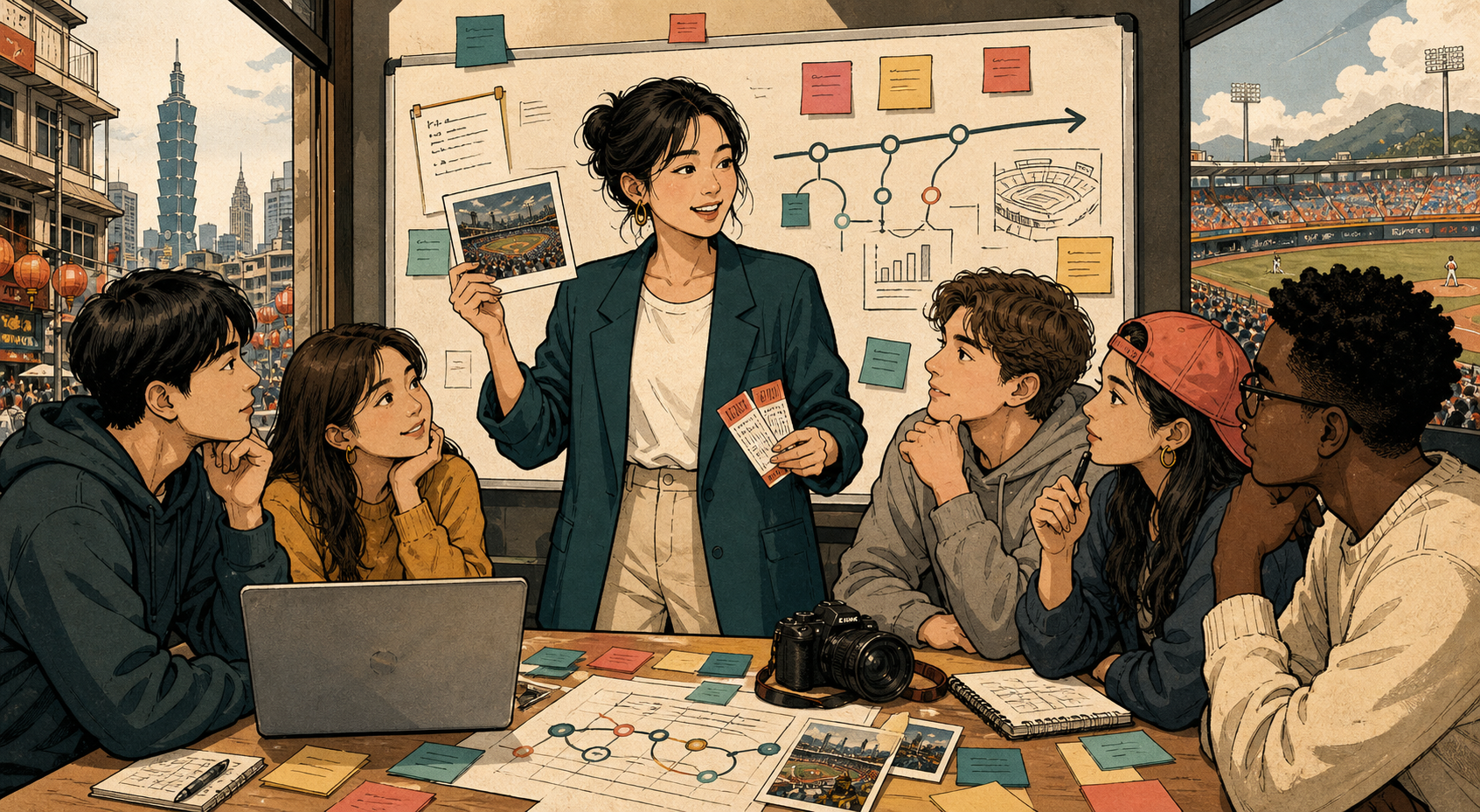 Students studying a creator-led company case in an editorial comic illustration