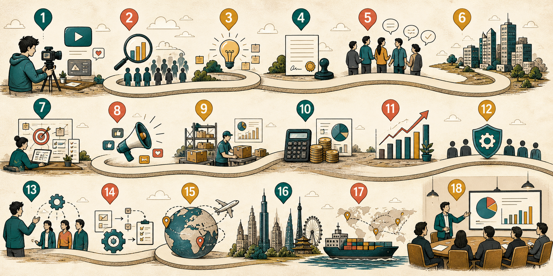 Illustrated 18-week learning journey from creator to company