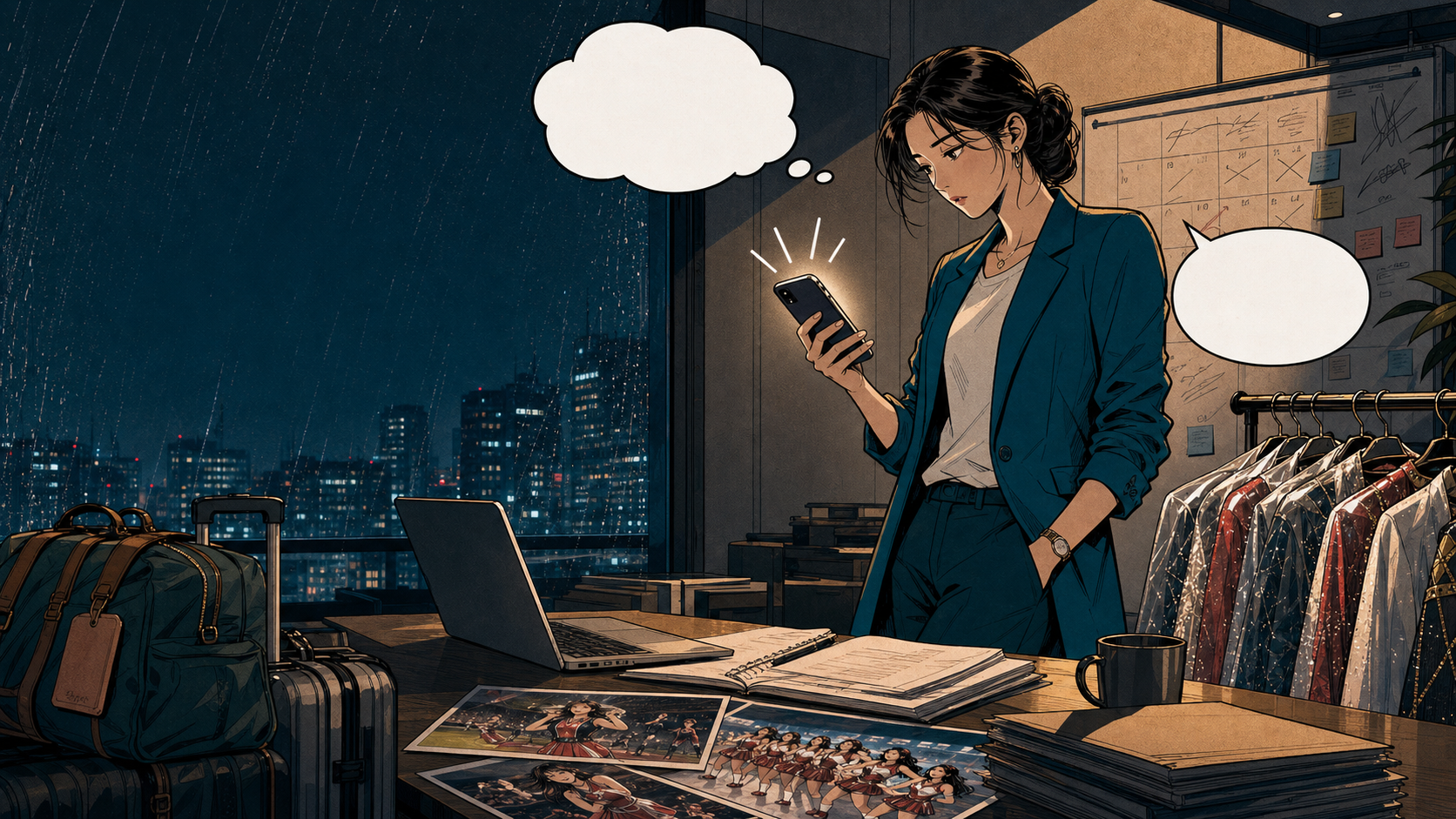 雨夜台北辦公室中，創作者老闆金知恩看著手機上的緊急訊息，旁邊有表演服與行李。