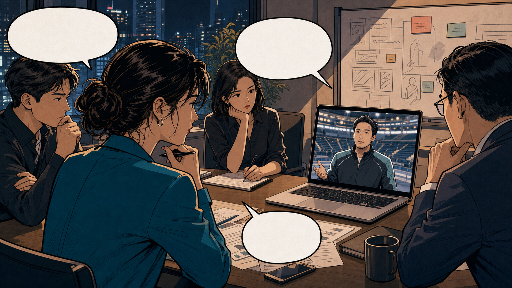 會議桌上的筆電顯示球隊主管視訊，Moonstage 團隊聽取主場娛樂合作需求。